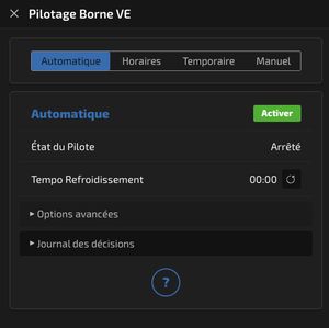 Panneau de pilotage d'une borne de recharge : modes automatique, horaires, temporaire et manuel, journal des décisions