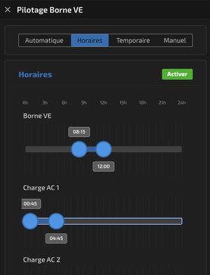 Plages horaires d'une borne de recharge réglées avec deux poignées sur une frise de 24 heures