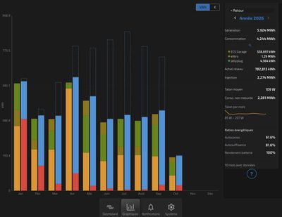 Statistiques de l'année en kWh : production, consommation par appareil et achat au réseau, mois par mois